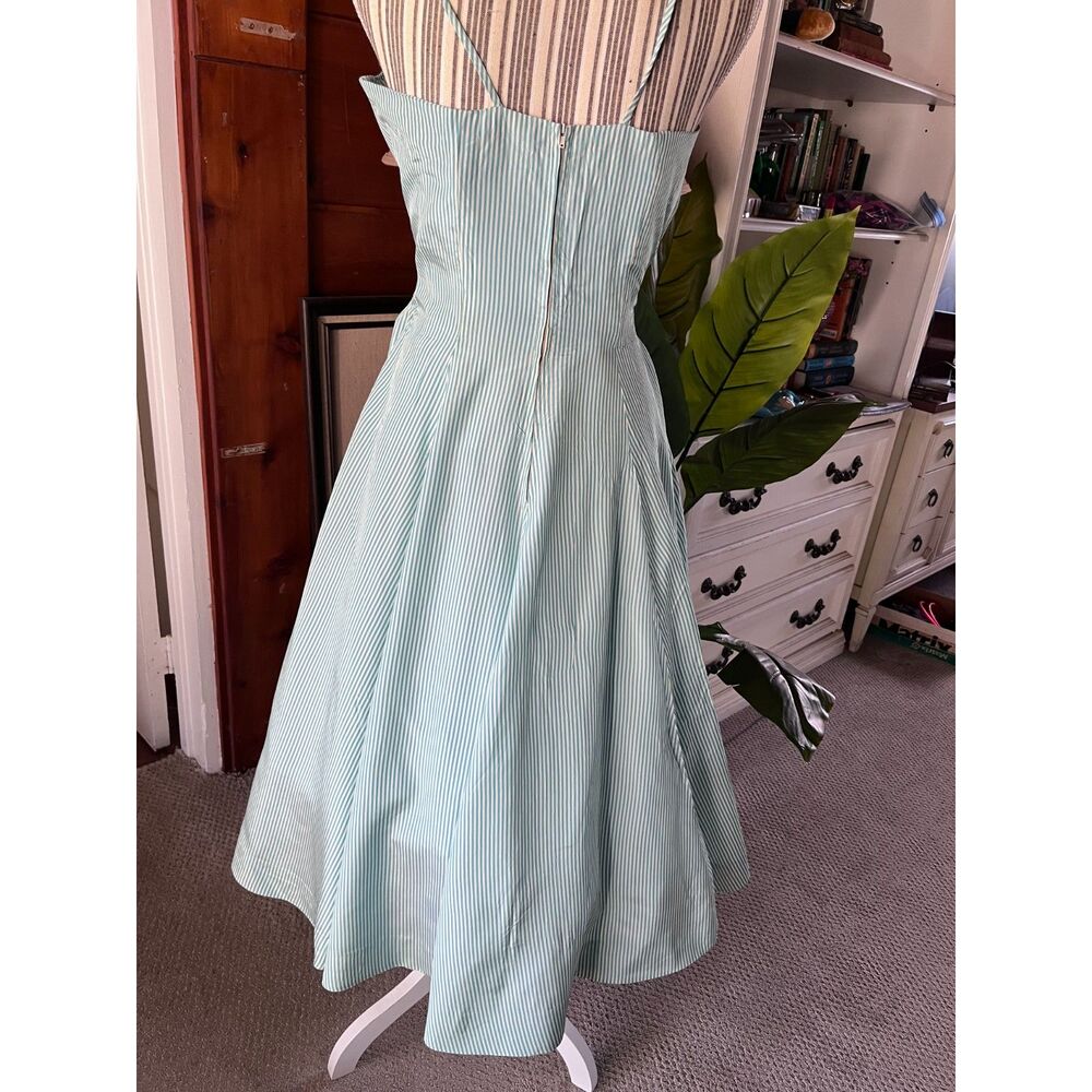 Vintage Handmade Spaghetti Strap Striped Pastel Green Acetate Dress Size 10-12 - Picture 2 of 11